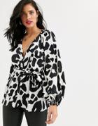 Asos Design Plunge Top With Kimono Sleeve And Belt Detail In Animal Print-multi