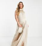 Asos Design Maternity Satin Halter Neck Blackless Wide Leg Jumpsuit In Mushroom-gray