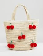 Monki Cherry Straw Bag In Beige - Beige