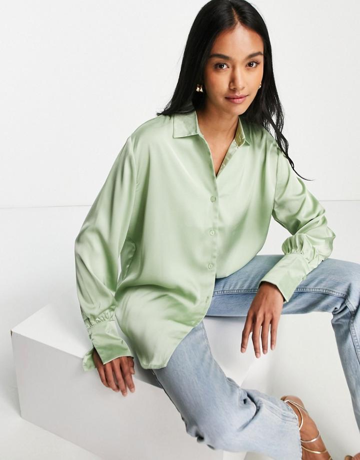 Pretty Lavish Oversized Satin Shirt In Mint - Part Of A Set-green