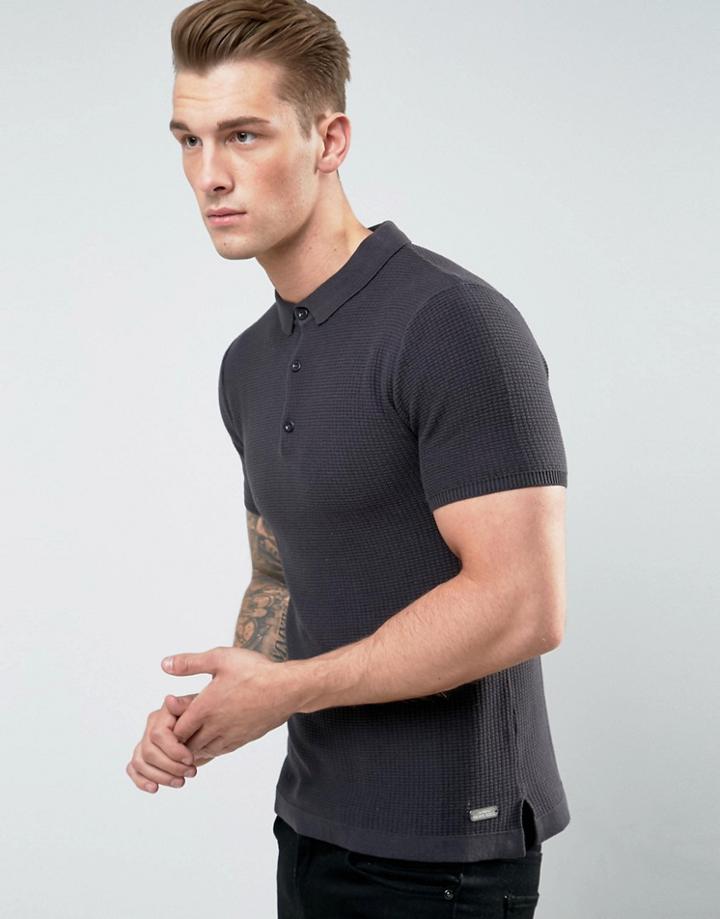 Brave Soul Knitted Textured Polo Shirt - Gray