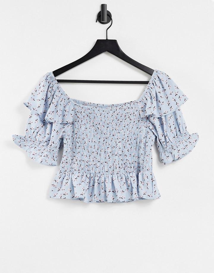 Influence Shirred Square Neck Blouse In Blue Ditsy Floral Print-blues