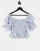 Influence Shirred Square Neck Blouse In Blue Ditsy Floral Print-blues