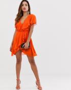 Asos Design Cape Back Dipped Hem Mini Dress-orange