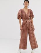 Asos Design Puff Sleeve Pink Check Jumpsuit With Zip Front-multi