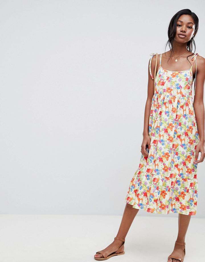 Asos Design Floral Print Midi Smock Dress With Tie Straps - Multi
