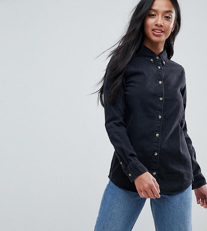 Asos Design Petite Denim Shirt In Washed Black - Black