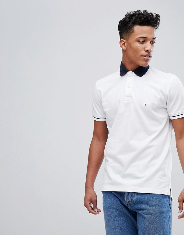 Tommy Hilfiger Contrast Collar Tipped Pique Polo Regular Fit Logo Reverse In White - White