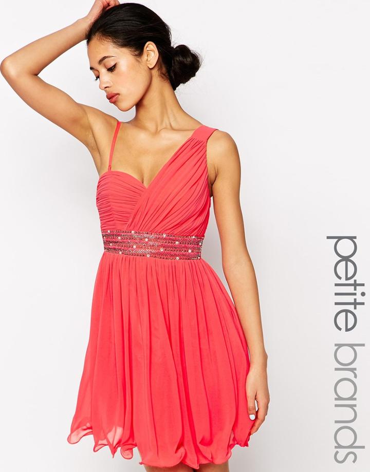 Little Mistress Petite One Shoulder Dress With Embellished Waist - Coral