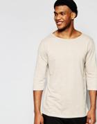 Asos Slub Jersey Relaxed Longline 3/4 Sleeve T-shirt With Boat Neck In Beige - Beige