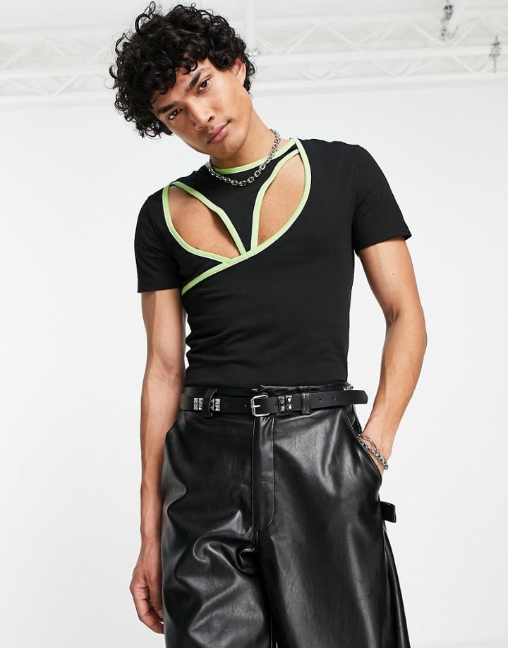Asos Design Muscle T-shirt With Chest Cut Out In Black With Lime Piping