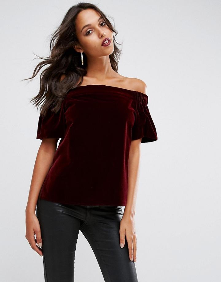 Asos Off Shoulder Top In Velvet - Red