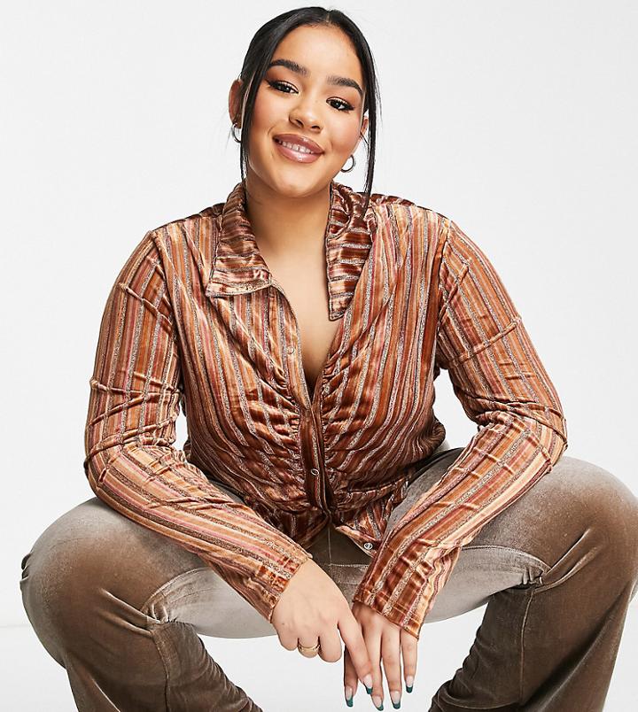 Daisy Street Plus 90s Fitted Shirt In Retro Glitter Stripe-orange