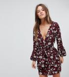 Parisian Petite Floral Wrap Dress With Tie Waist - Red