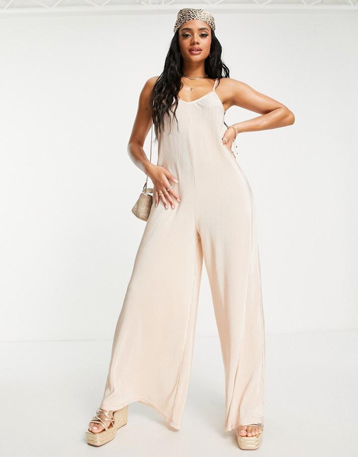 South Beach Plisse Oversized Beach Jumpsuit In Cream-white