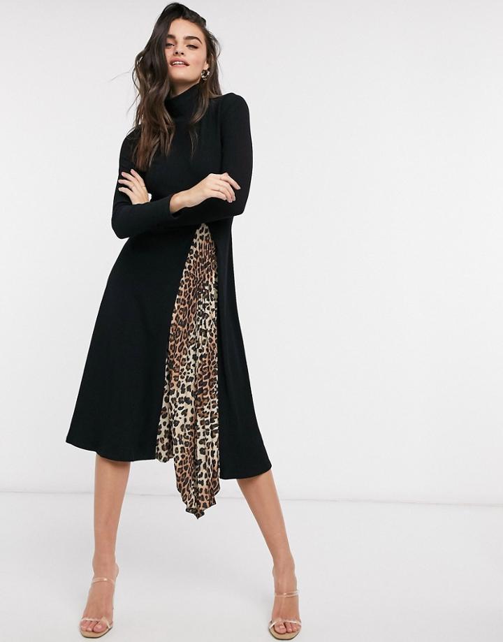 Asos Design Midi Dress With High Neck And Leopard Print Slit-black