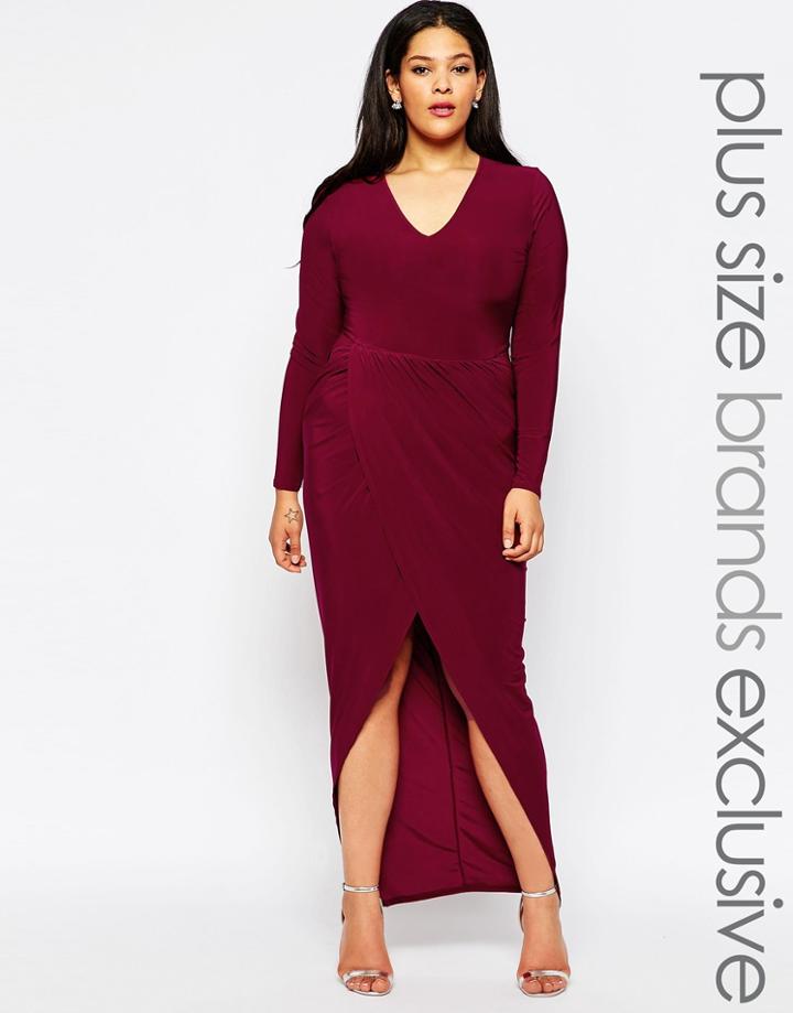 Club L Plus Plunge Front Maxi Dress With Gathered Waist - Red