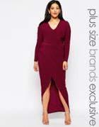 Club L Plus Plunge Front Maxi Dress With Gathered Waist - Red