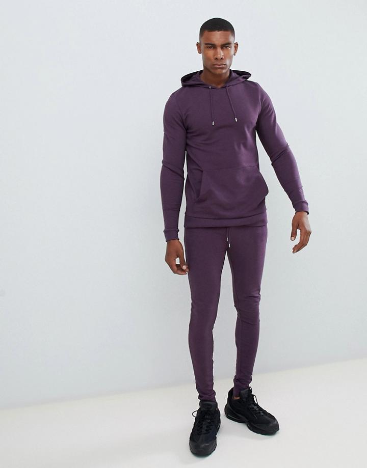 Asos Design Tracksuit Muscle Hoodie/extreme Super Skinny Joggers In Dark Purple - Purple