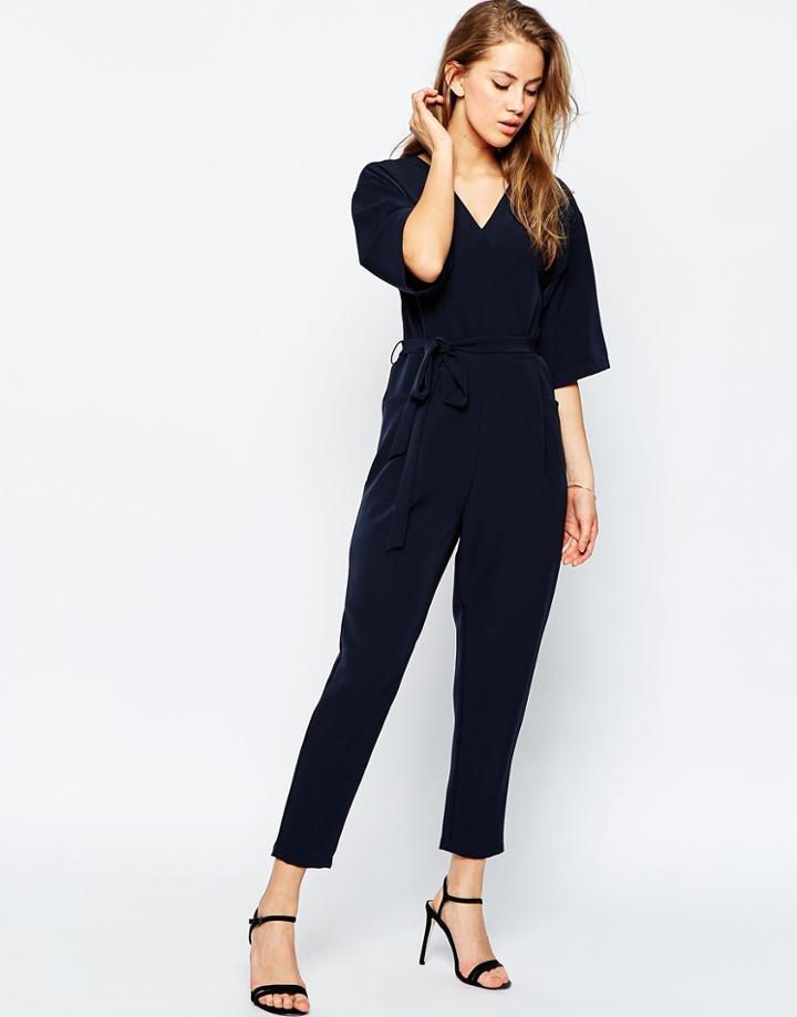 Asos Wrap Jumpsuit With Kimono Sleeve - Navy