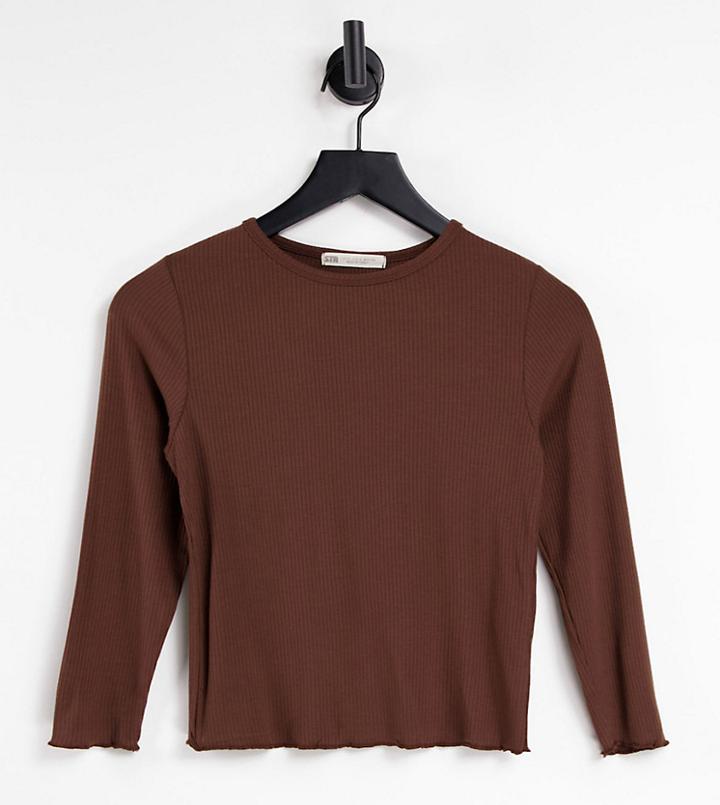 Stradivarius Long Sleeve Lettuce Edge Top In Chocolate Brown