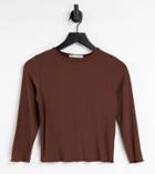 Stradivarius Long Sleeve Lettuce Edge Top In Chocolate Brown