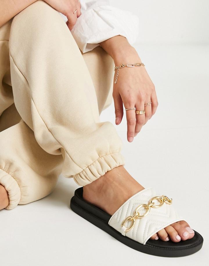 London Rebel Chunky Quilted Chain Slides In Off White