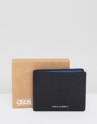 Asos Design Leather Wallet In Black Saffiano With Blue Internal Detail - Black