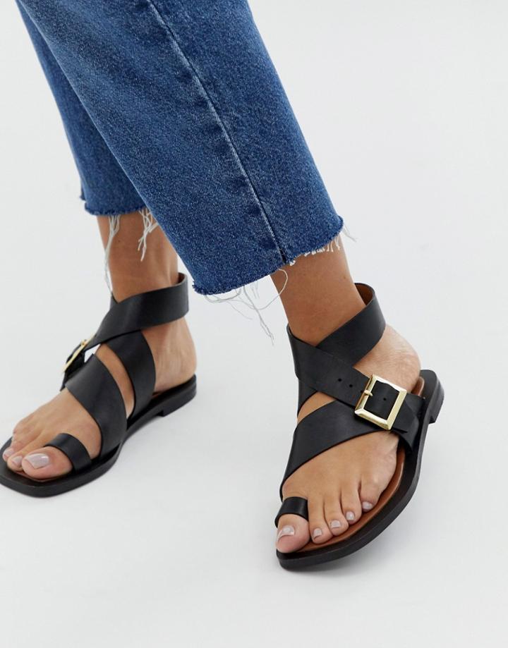 Office Serenity Black Leather Flat Toe Loop Sandals - Black