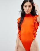 Asos Design High Neck Frill Sleeve High Leg Swimsuit - Orange