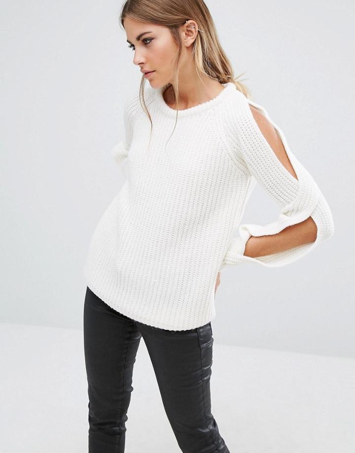 Fashion Union Cold Shoulder Knitted Jumper In Rib - Cream