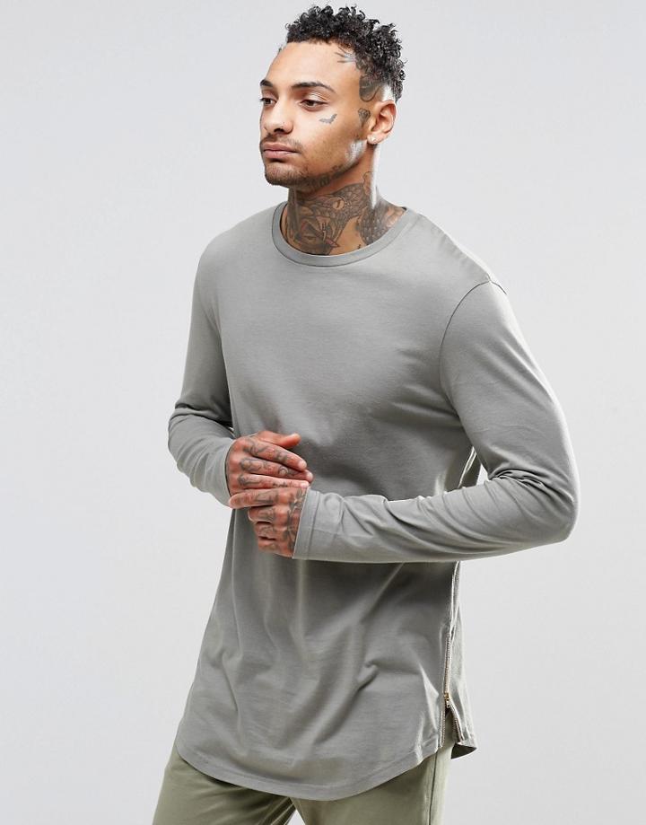 Asos Relaxed Longline Long Sleeve T-shirt With Curve Hem And Hem Zips In Khaki - Green