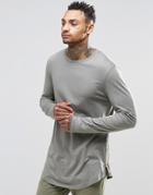 Asos Relaxed Longline Long Sleeve T-shirt With Curve Hem And Hem Zips In Khaki - Green