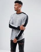 Asos Longline Long Sleeve T-shirt With Curved Hem With Sleeve Panels In Fabric Interest - Gray
