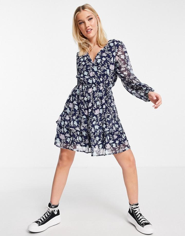 Jdy Alice Penelope Long Sleeve Woven Printed Mini Dress In Navy