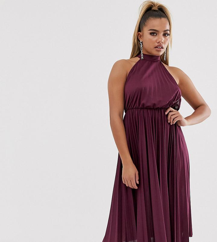 Asos Design Petite Halter Pleated Waisted Midi Dress-purple