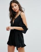 Kiss The Sky Cold Shoulder Romper With Ruffle Hem - Black