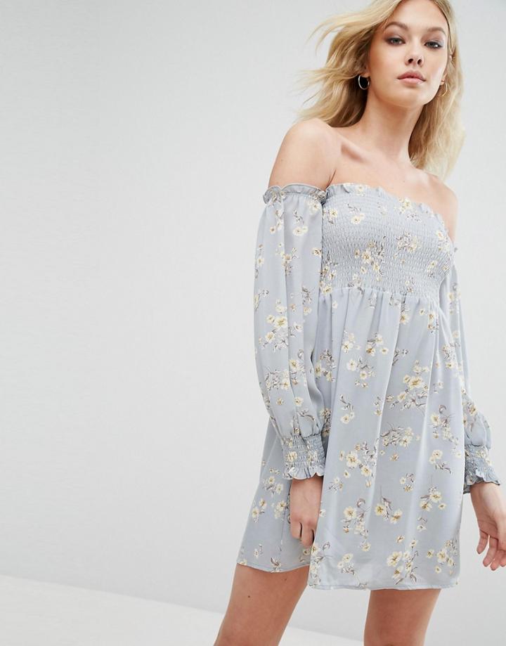 Missguided Bardot Bell Sleeve Floral Print Dress - Blue