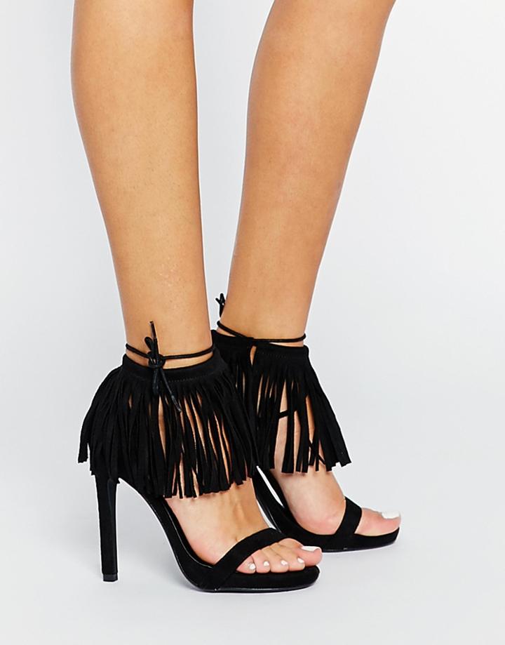 Missguided Fringed Barely There Heeled Sandals - Black