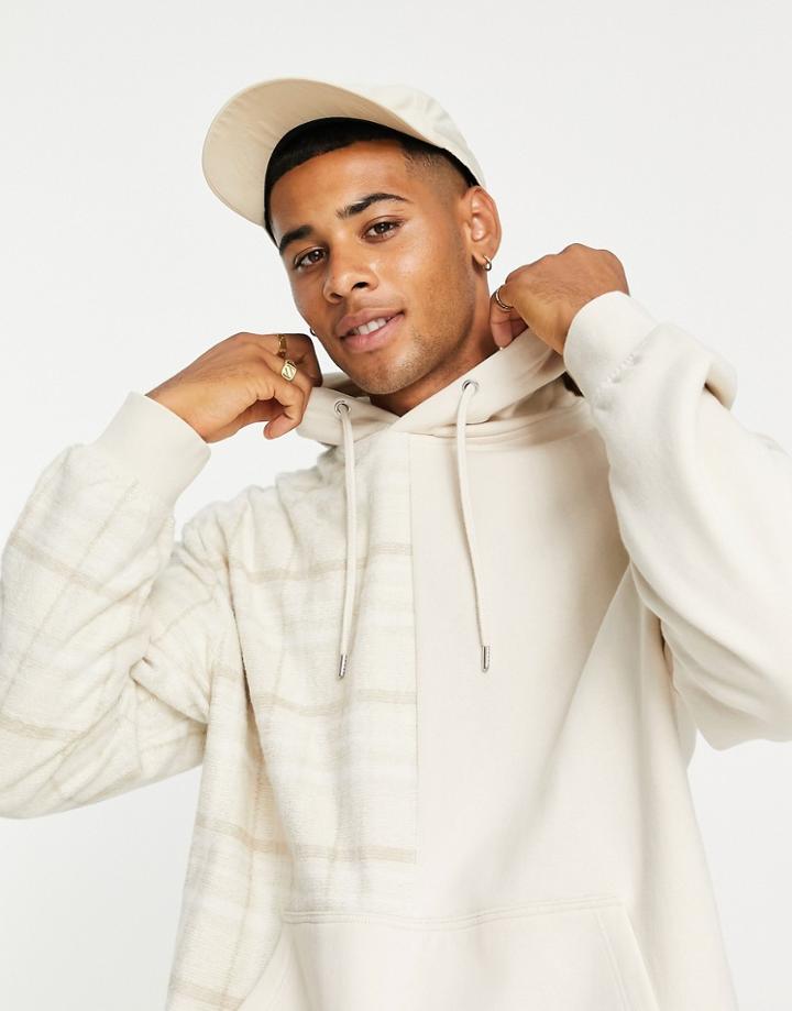 Topman Textured Spliced Check Hoodie In Stone-neutral