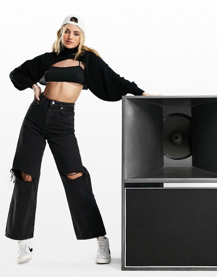 Asos Design High Rise 'relaxed' Dad Jeans In Washed Black With Rips
