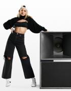 Asos Design High Rise 'relaxed' Dad Jeans In Washed Black With Rips