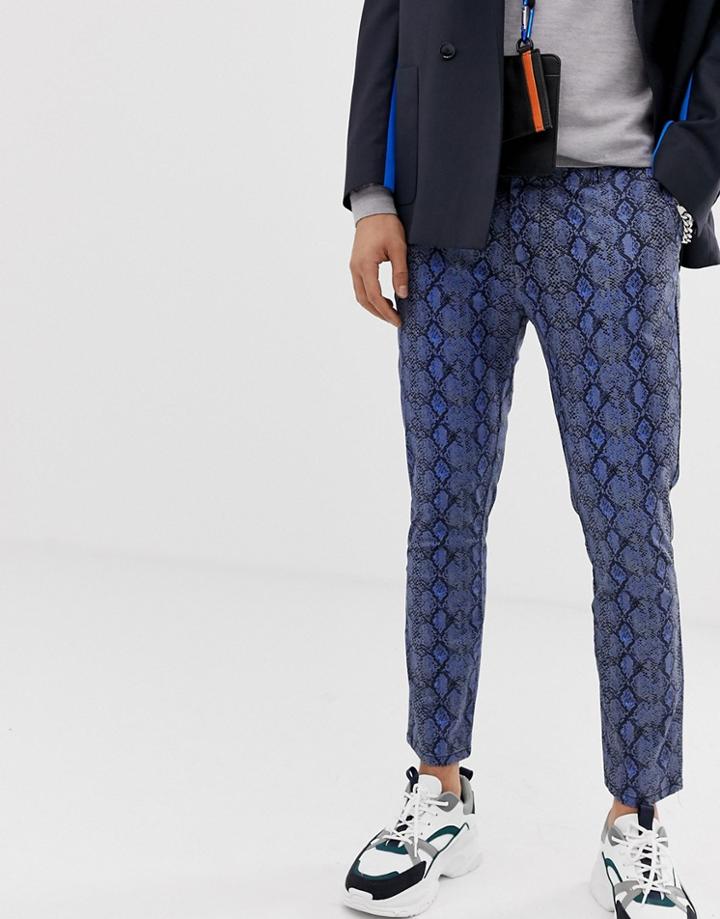 Asos Design Skinny Cropped Pants In Snake Print-blue