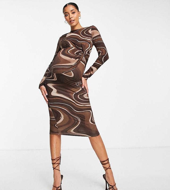 Asos Design Maternity Twist Front Open Back Midi Dress In Chocolate Swirl Print-multi