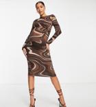 Asos Design Maternity Twist Front Open Back Midi Dress In Chocolate Swirl Print-multi
