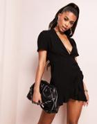 Asos Design Drape Linen Tux Mini Dress With Ruffle Hem-black