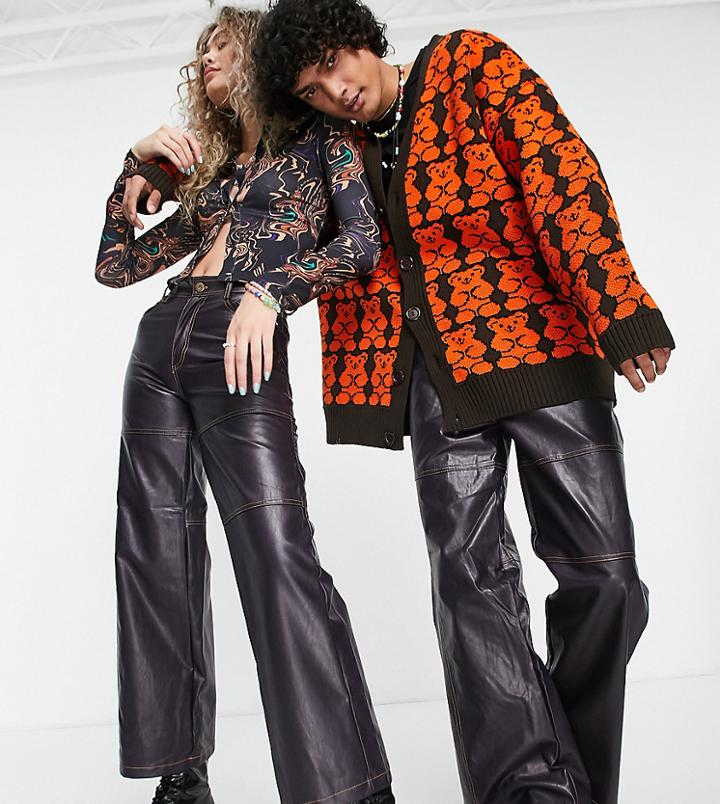 Collusion Unisex Low Rise Loose Fit Faux Leather Pants With Contrast Stitch In Brown