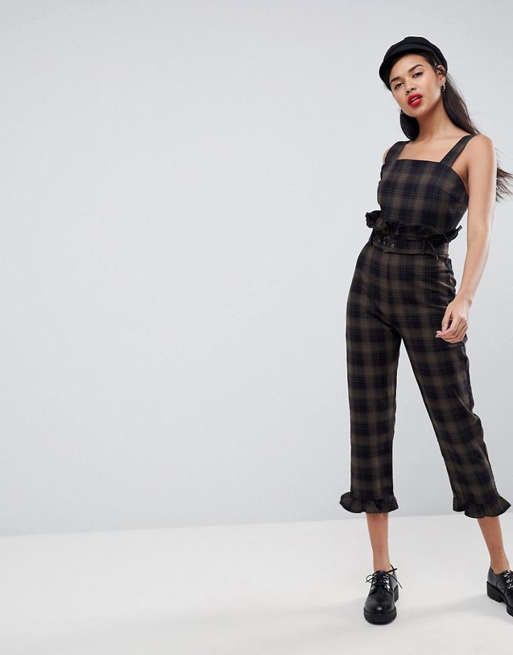 Asos Jumpsuit In Check With Frill Hem And Waist Detail - Green