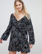Glamorous Long Sleeve Tea Dress With Button Front In Grunge Floral
