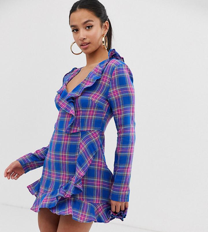 Missguided Petite Wrap Dress In Blue Check - Multi